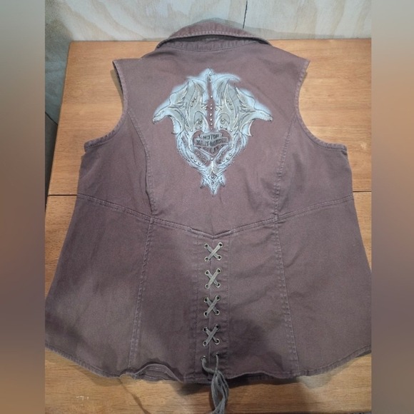 Harley-Davidson Women's Brown Zip Vest Studded Lace-Up Back 1X | Charity Item - Picture 7 of 11